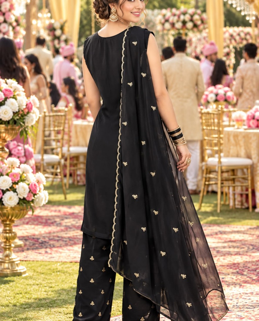 BLACK - Black Georgette Embroidered and Sequins Work Salwar Suit