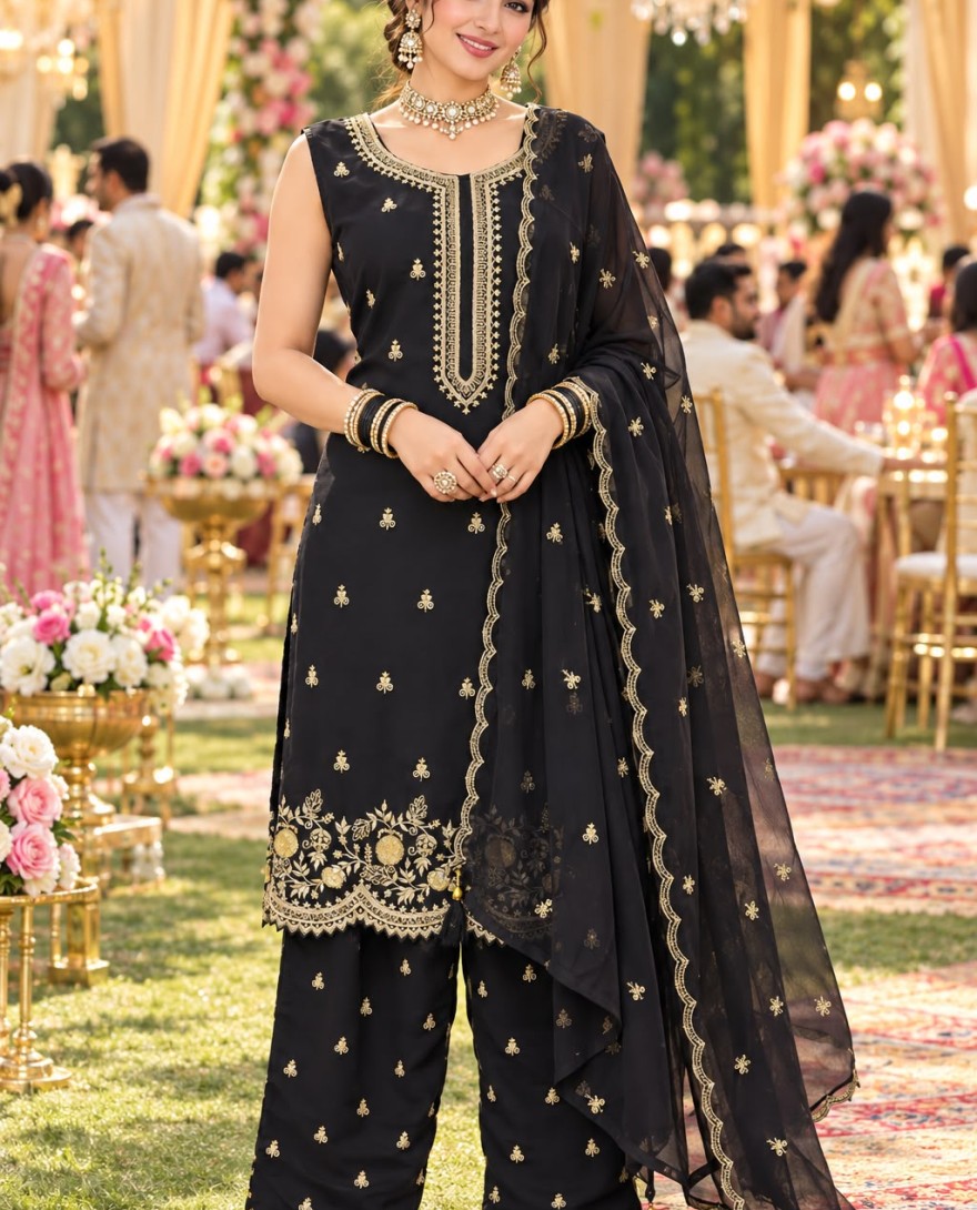 BLACK - Black Georgette Embroidered and Sequins Work Salwar Suit