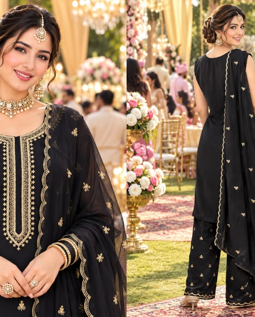 BLACK - Black Georgette Embroidered and Sequins Work Salwar Suit