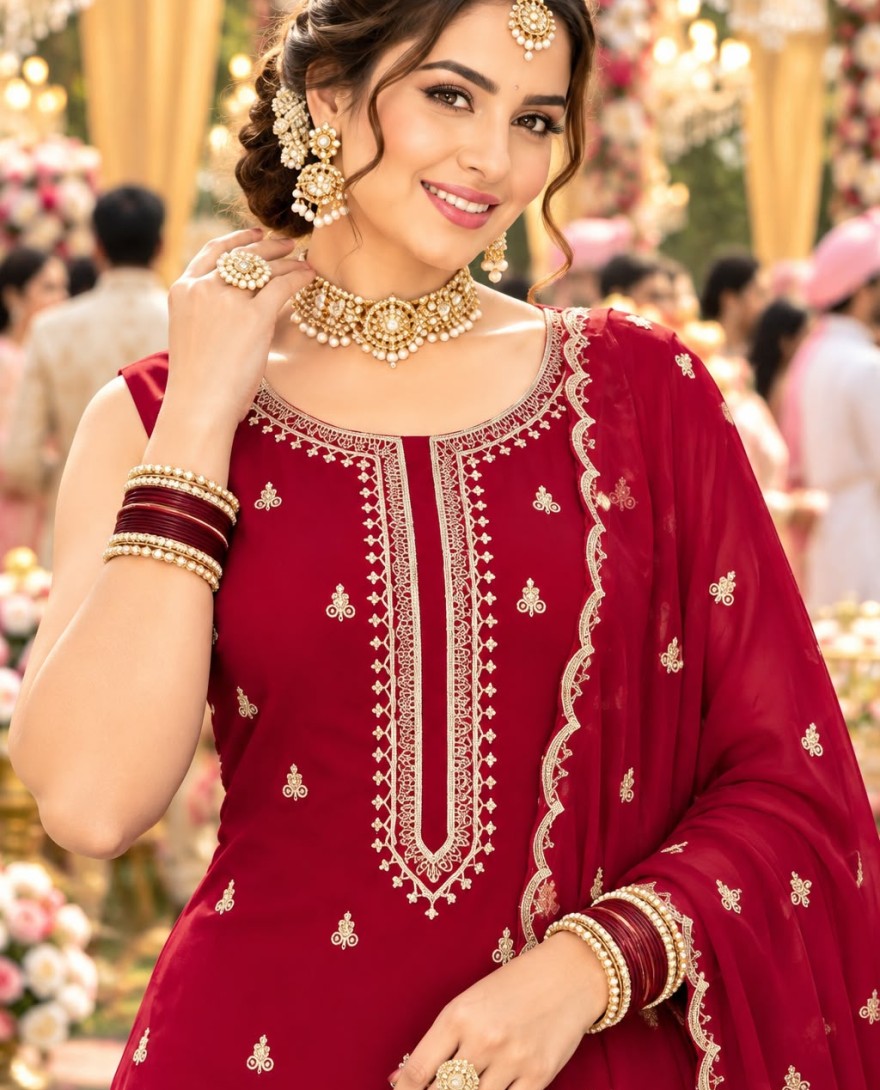 RED - Maroon Georgette Palazzo Salwar Suit with Embroidered and Sequins Work for Ceremonial