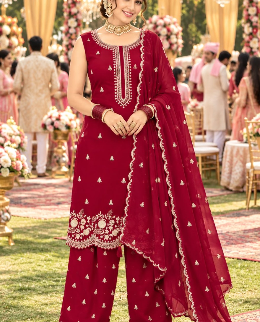 RED - Maroon Georgette Palazzo Salwar Suit with Embroidered and Sequins Work for Ceremonial