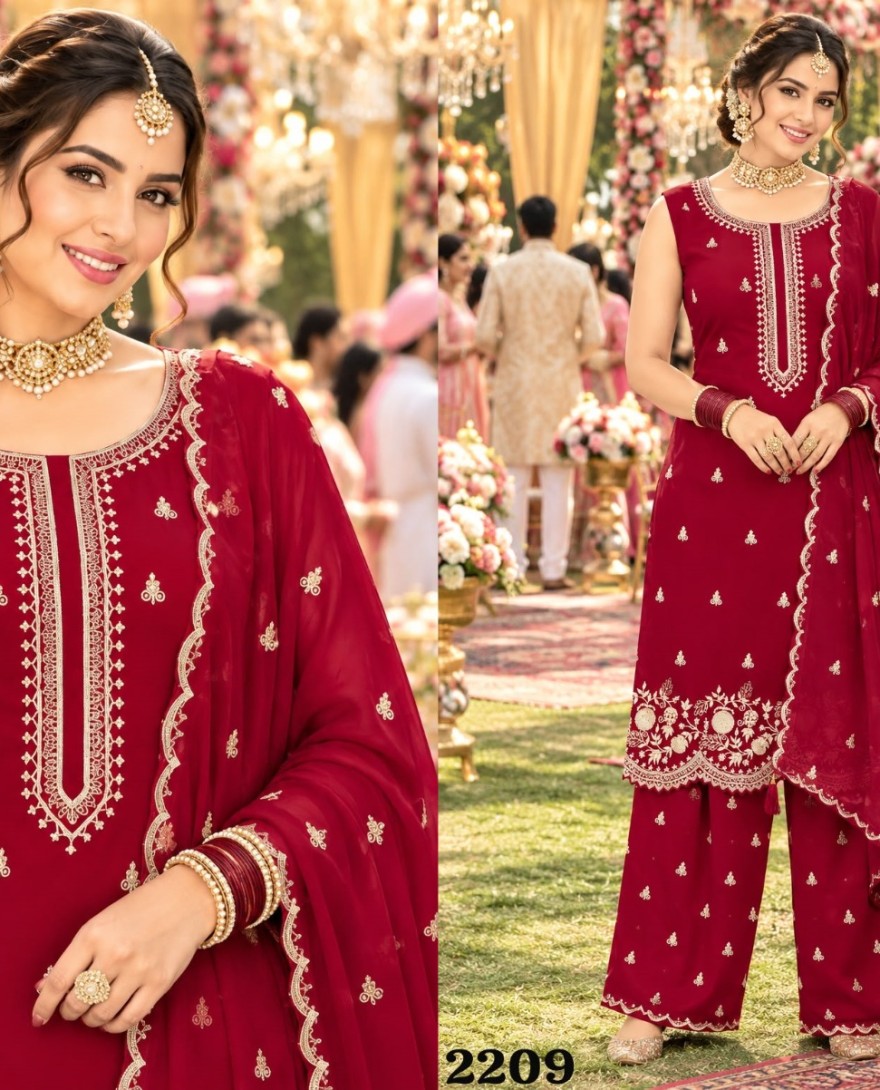 RED - Maroon Georgette Palazzo Salwar Suit with Embroidered and Sequins Work for Ceremonial