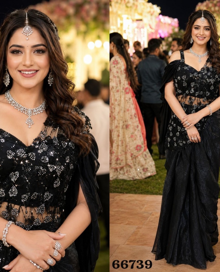 BLACK - Black Fandy Embroidered Work Contemporary Sari