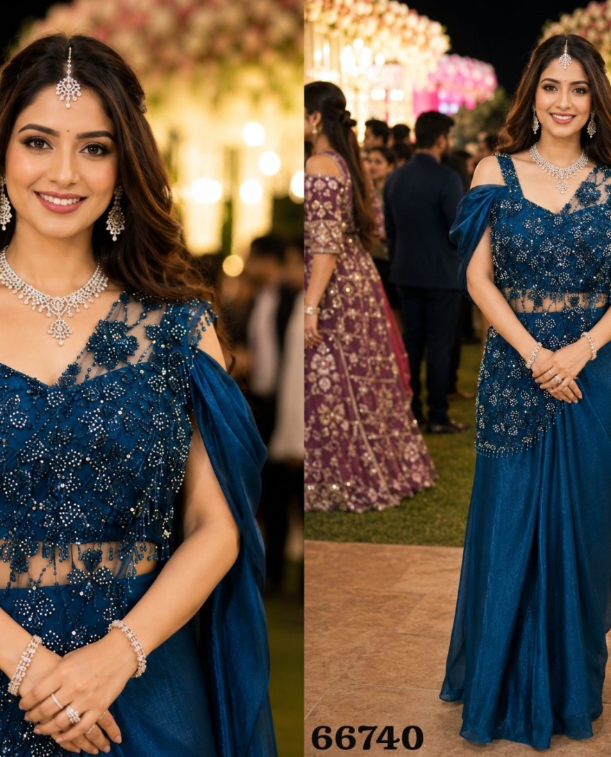 TEAL - Teal Fandy Classic Saree with Embroidered Work