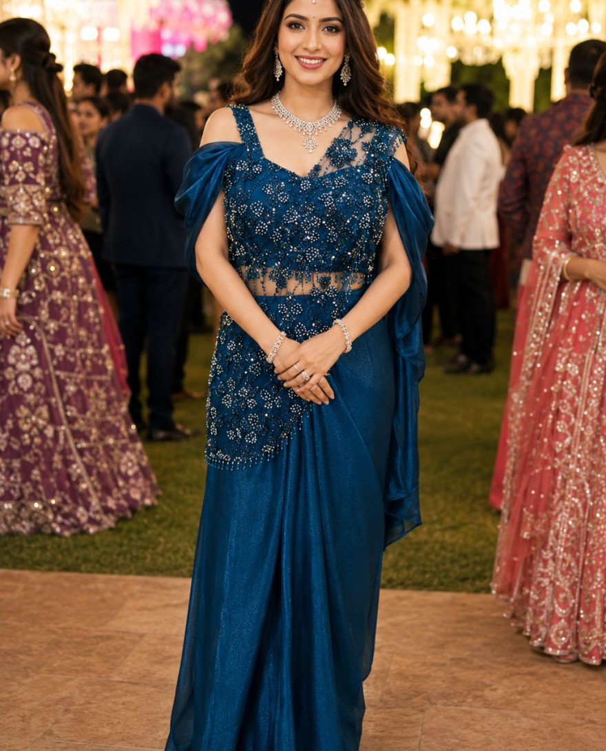 TEAL - Teal Fandy Classic Saree with Embroidered Work