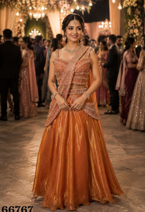 Catchy Orange Fandy Readymade Lehenga Choli with Embroidered Work
