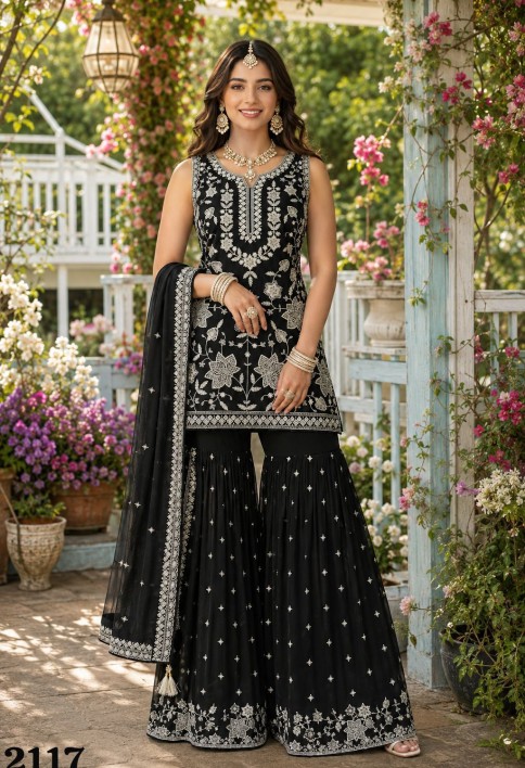 Royal Black Chiffon Salwar Suit