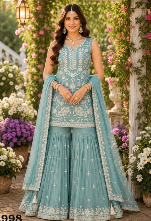 Turquoise Chiffon Palazzo Salwar Suit