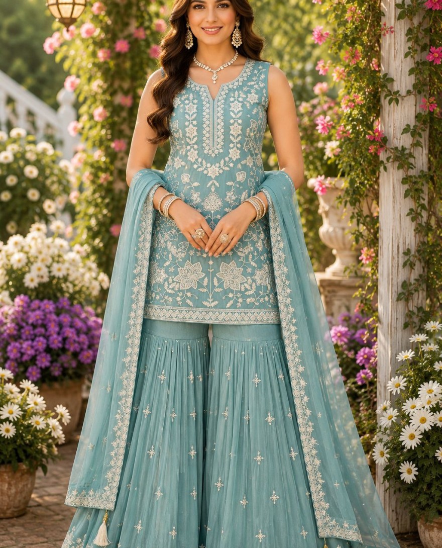 BLUE - Turquoise Chiffon Palazzo Salwar Suit
