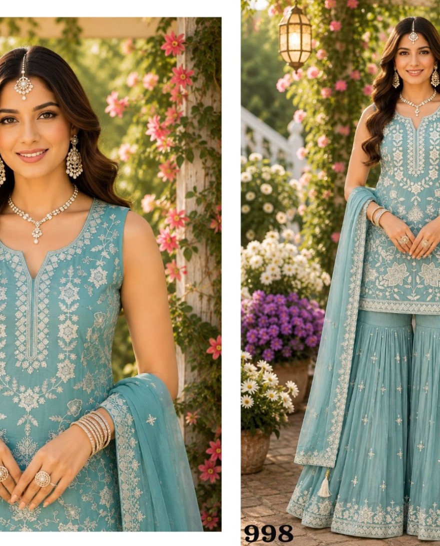 BLUE - Turquoise Chiffon Palazzo Salwar Suit