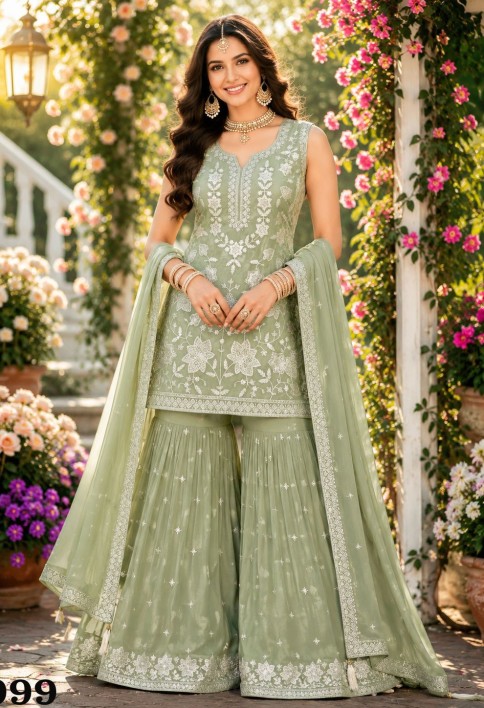 Green Chiffon Embroidered, Khatli and Sequins Work Salwar Suit