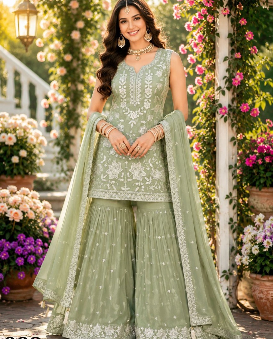 GREEN - Green Chiffon Embroidered, Khatli and Sequins Work Salwar Suit