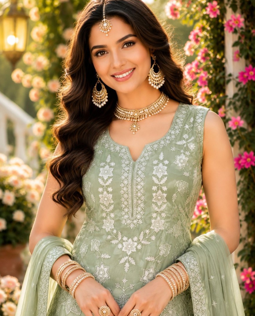 GREEN - Green Chiffon Embroidered, Khatli and Sequins Work Salwar Suit