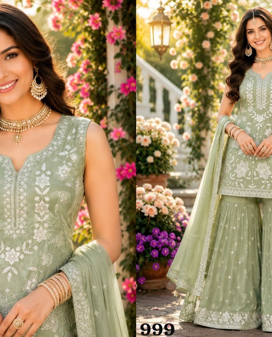 GREEN - Green Chiffon Embroidered, Khatli and Sequins Work Salwar Suit