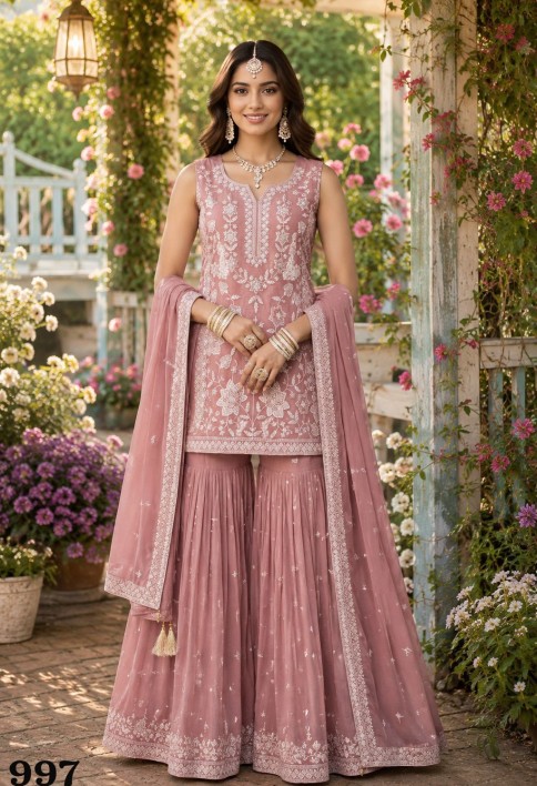 Embroidered, Khatli and Sequins Work Chiffon Readymade Salwar Suit In Pink Colour