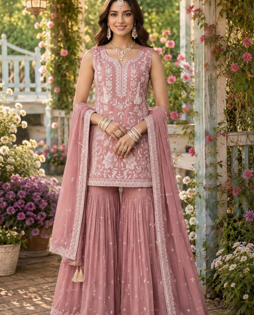 PINK - Embroidered, Khatli and Sequins Work Chiffon Readymade Salwar Suit In Pink Colour