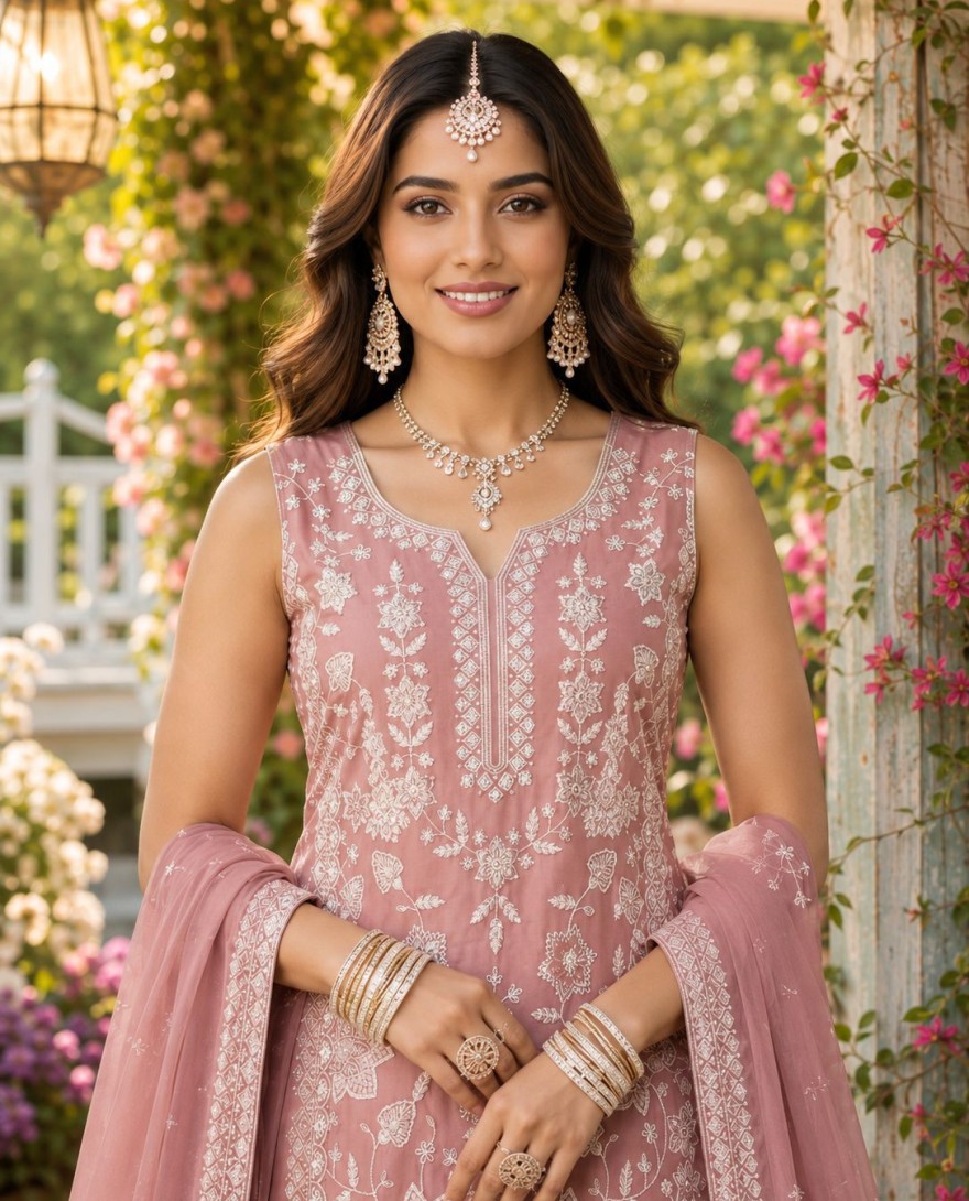 PINK - Embroidered, Khatli and Sequins Work Chiffon Readymade Salwar Suit In Pink Colour