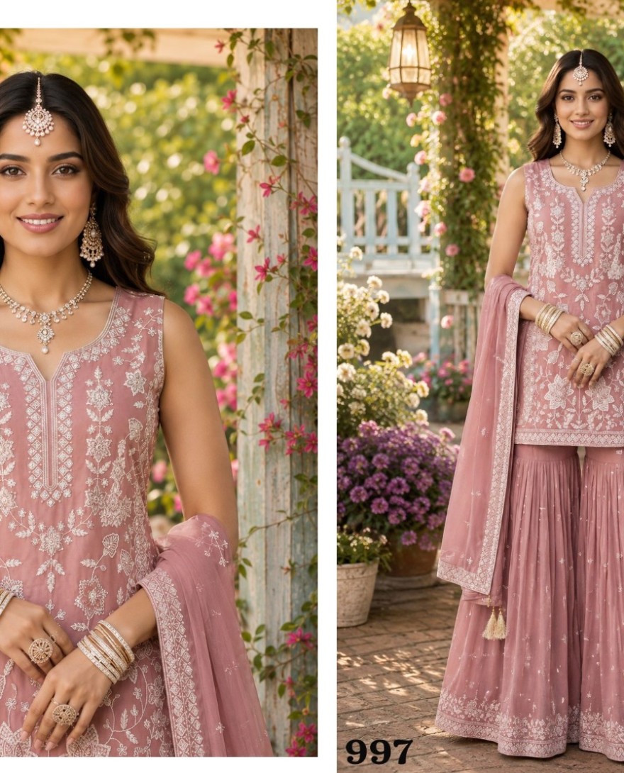 PINK - Embroidered, Khatli and Sequins Work Chiffon Readymade Salwar Suit In Pink Colour