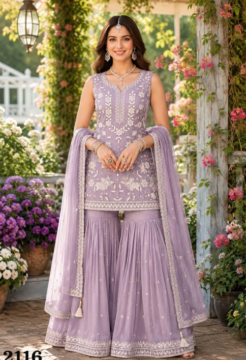 Chiffon Palazzo Salwar Suit In Lavender Colour
