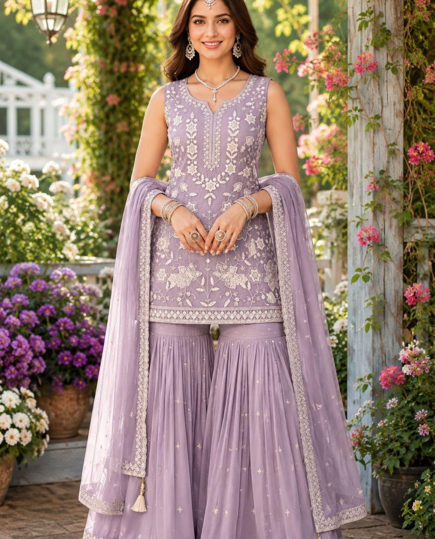 PURPLE - Chiffon Palazzo Salwar Suit In Lavender Colour