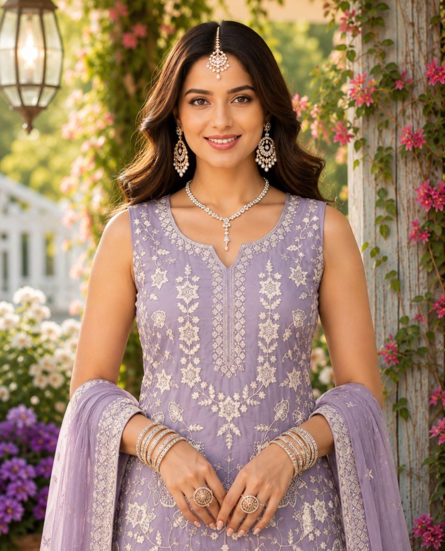 PURPLE - Chiffon Palazzo Salwar Suit In Lavender Colour