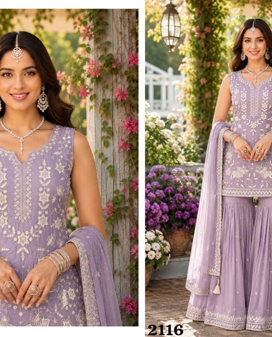 PURPLE - Chiffon Palazzo Salwar Suit In Lavender Colour