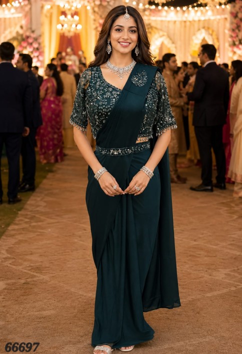 Teal Green Lycra Embroidery Work Festival Wear Readymade Saree