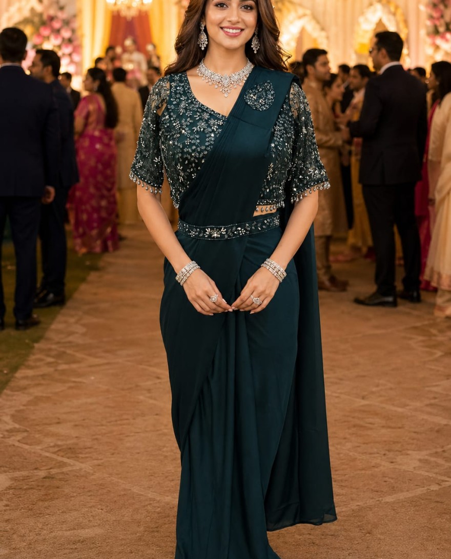 GREEN - Teal Green Lycra Embroidery Work Festival Wear Readymade Saree