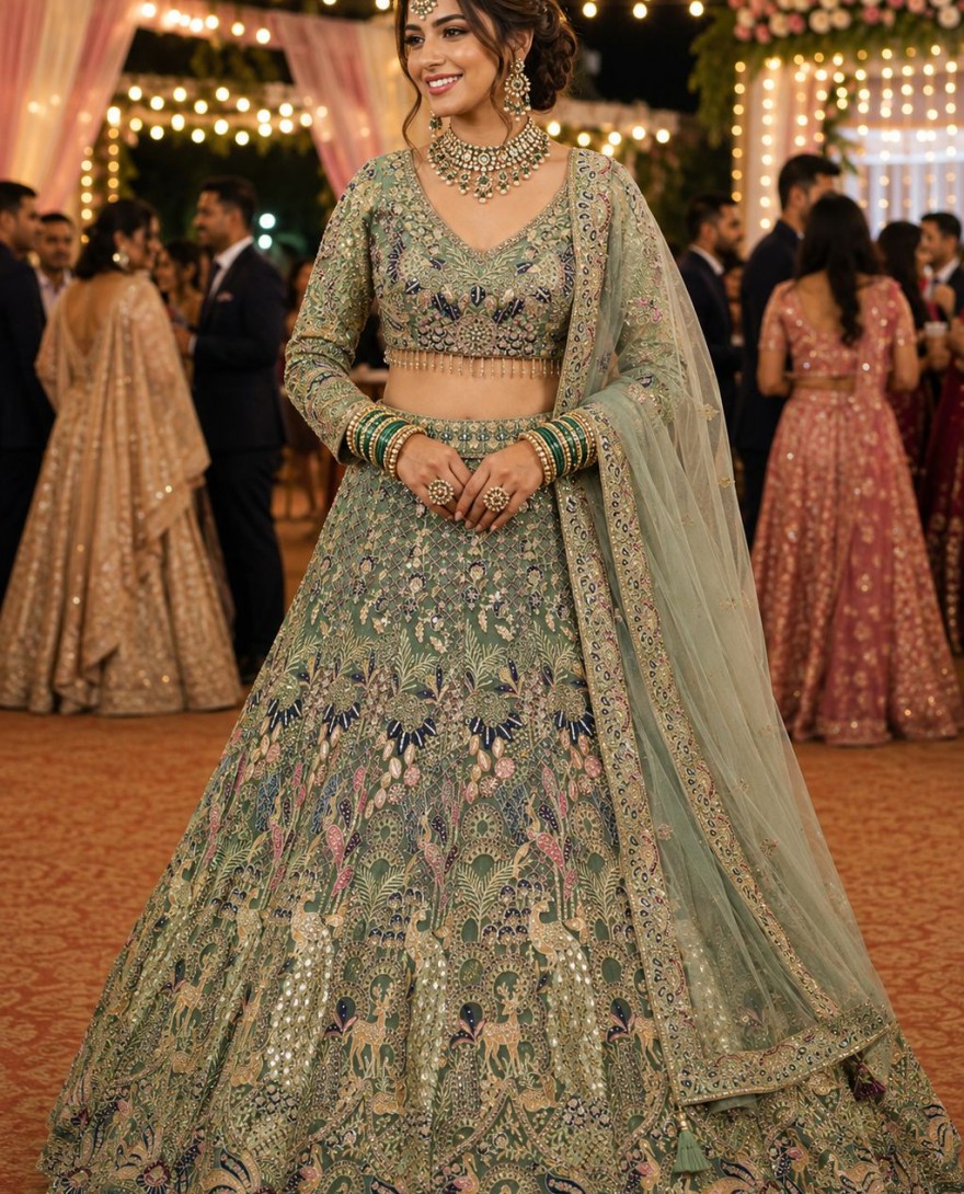 GREEN - Green Net Lehenga Choli