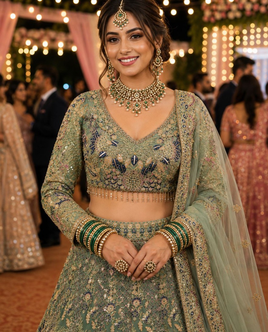 GREEN - Green Net Lehenga Choli