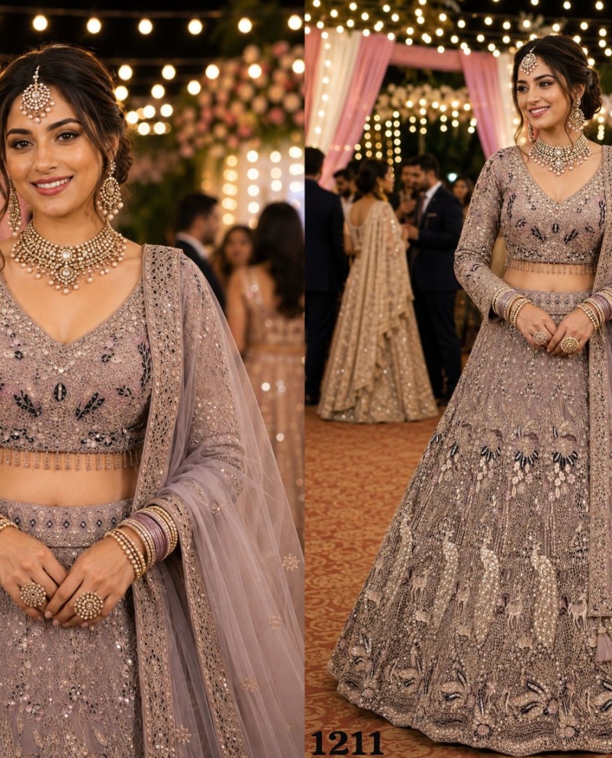 LAVENDER - Lavender Net Lehenga Choli with Embroidered, Thread and Zari Work