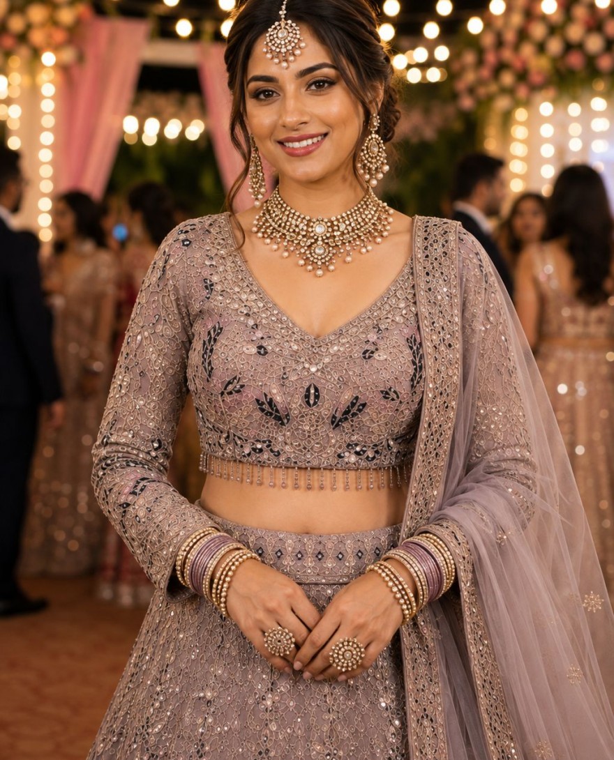 LAVENDER - Lavender Net Lehenga Choli with Embroidered, Thread and Zari Work
