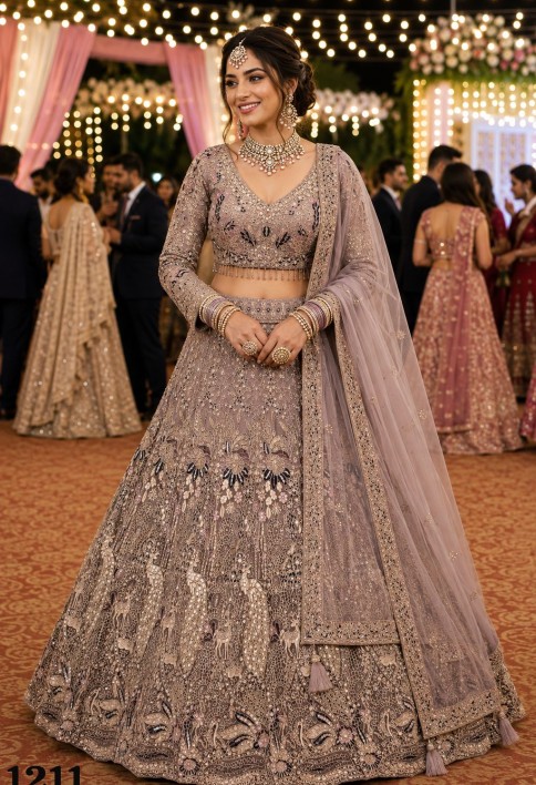 Lavender Net Lehenga Choli with Embroidered, Thread and Zari Work