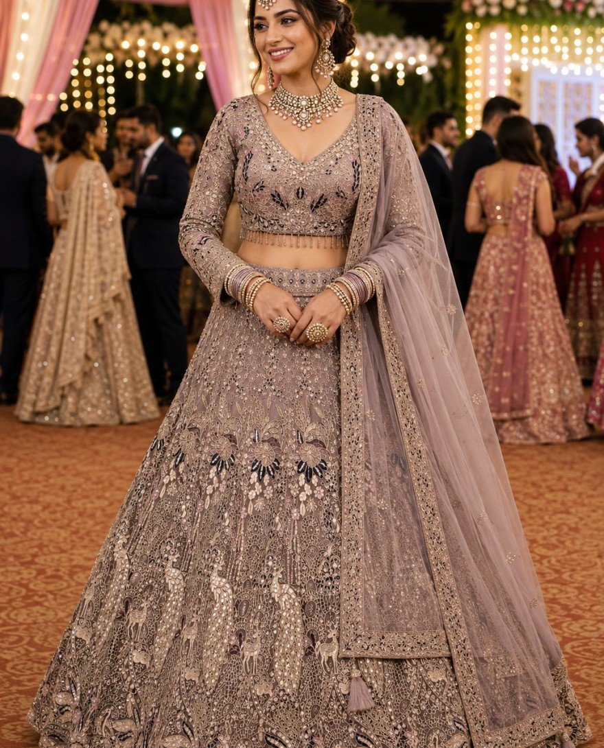 LAVENDER - Lavender Net Lehenga Choli with Embroidered, Thread and Zari Work