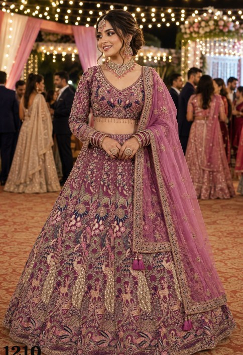 Pink Net Embroidered, Thread and Zari Work Readymade Lehenga Choli