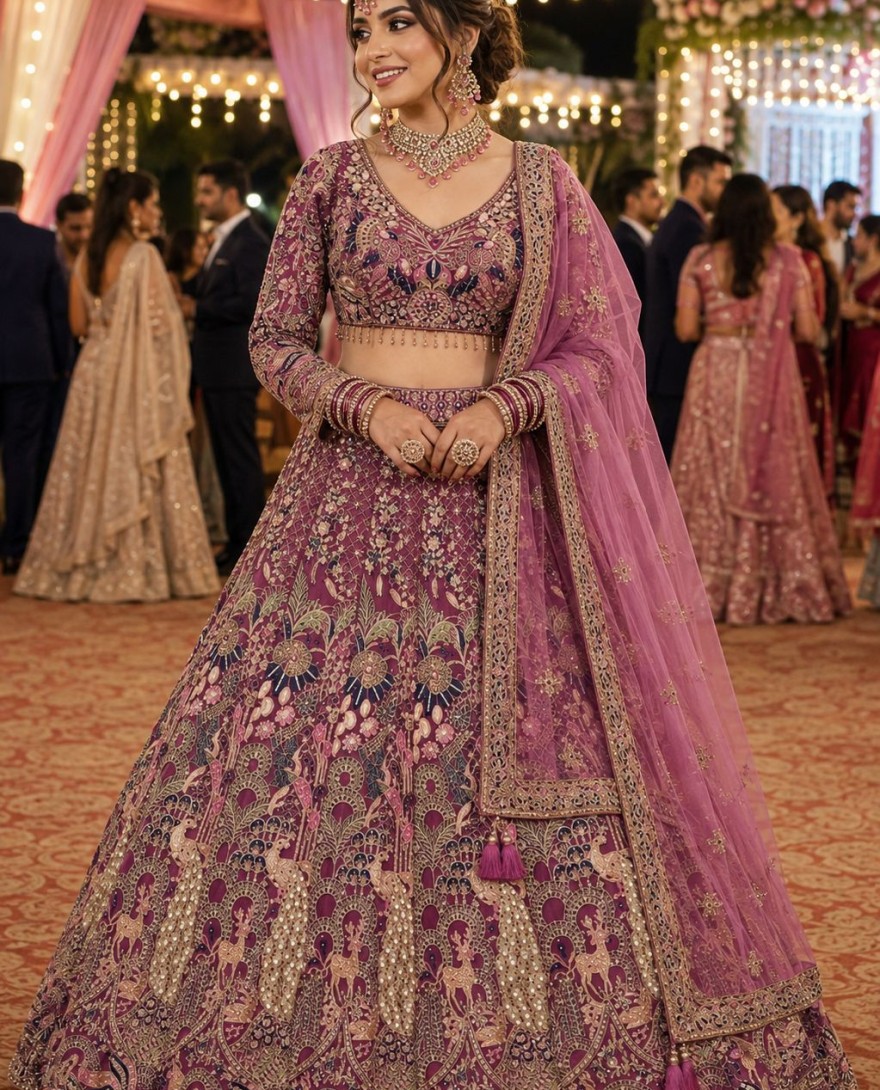 PINK - Pink Net Embroidered, Thread and Zari Work Readymade Lehenga Choli