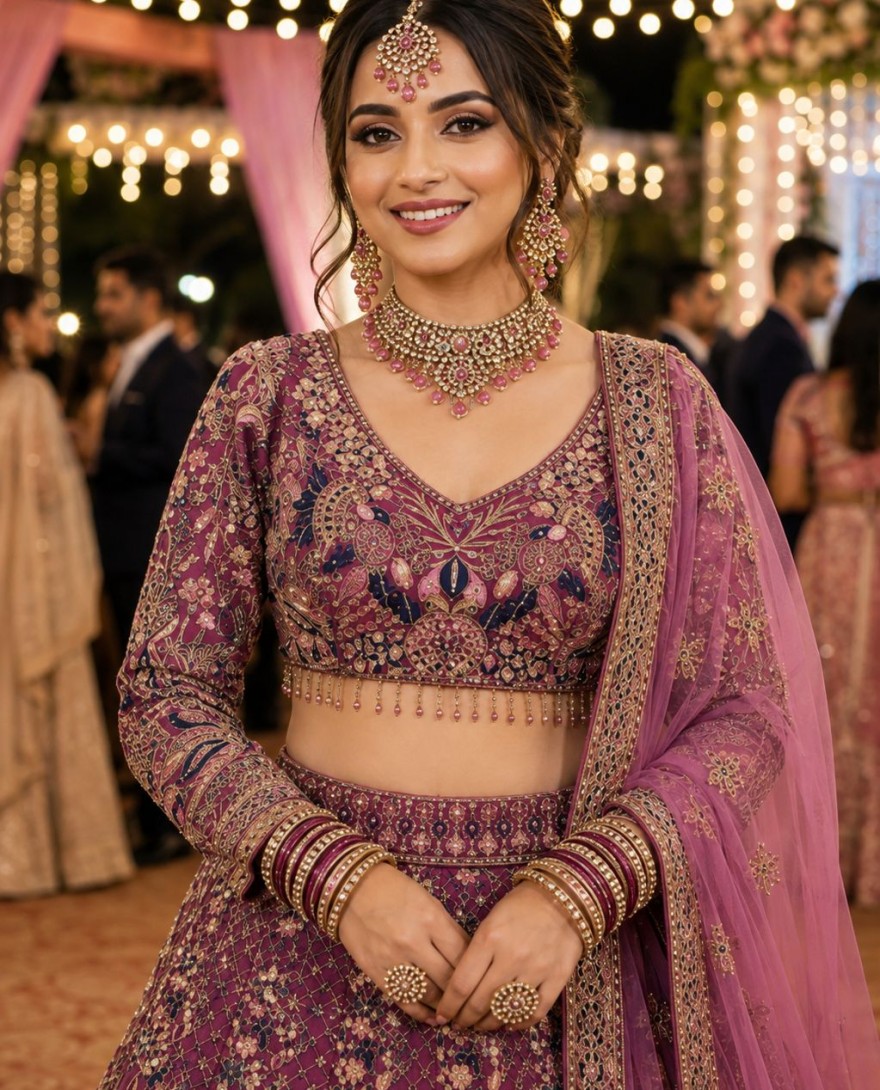 PINK - Pink Net Embroidered, Thread and Zari Work Readymade Lehenga Choli