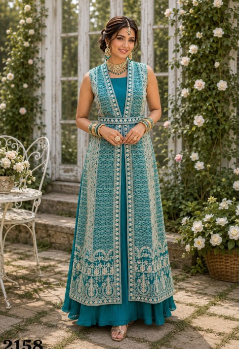Turquoise Chinon Designer Gown with Embroidered Work