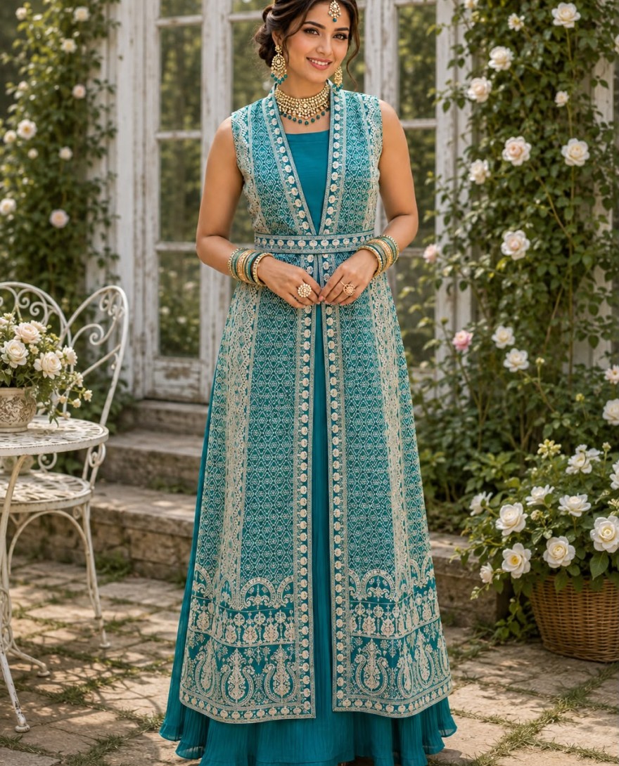 BLUE - Turquoise Chinon Designer Gown with Embroidered Work