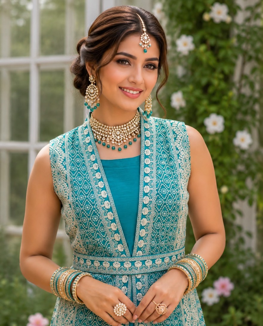 BLUE - Turquoise Chinon Designer Gown with Embroidered Work