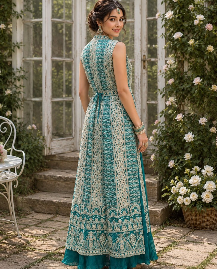 BLUE - Turquoise Chinon Designer Gown with Embroidered Work