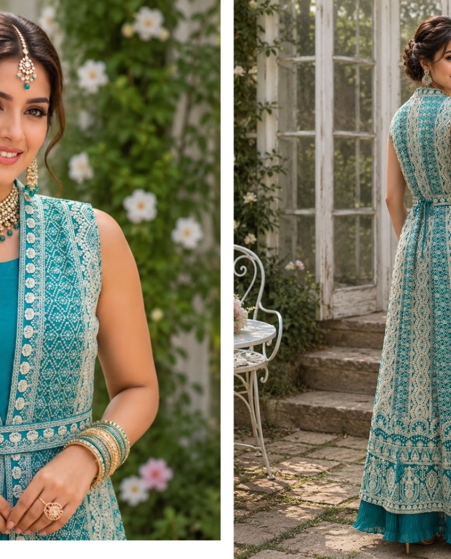 BLUE - Turquoise Chinon Designer Gown with Embroidered Work