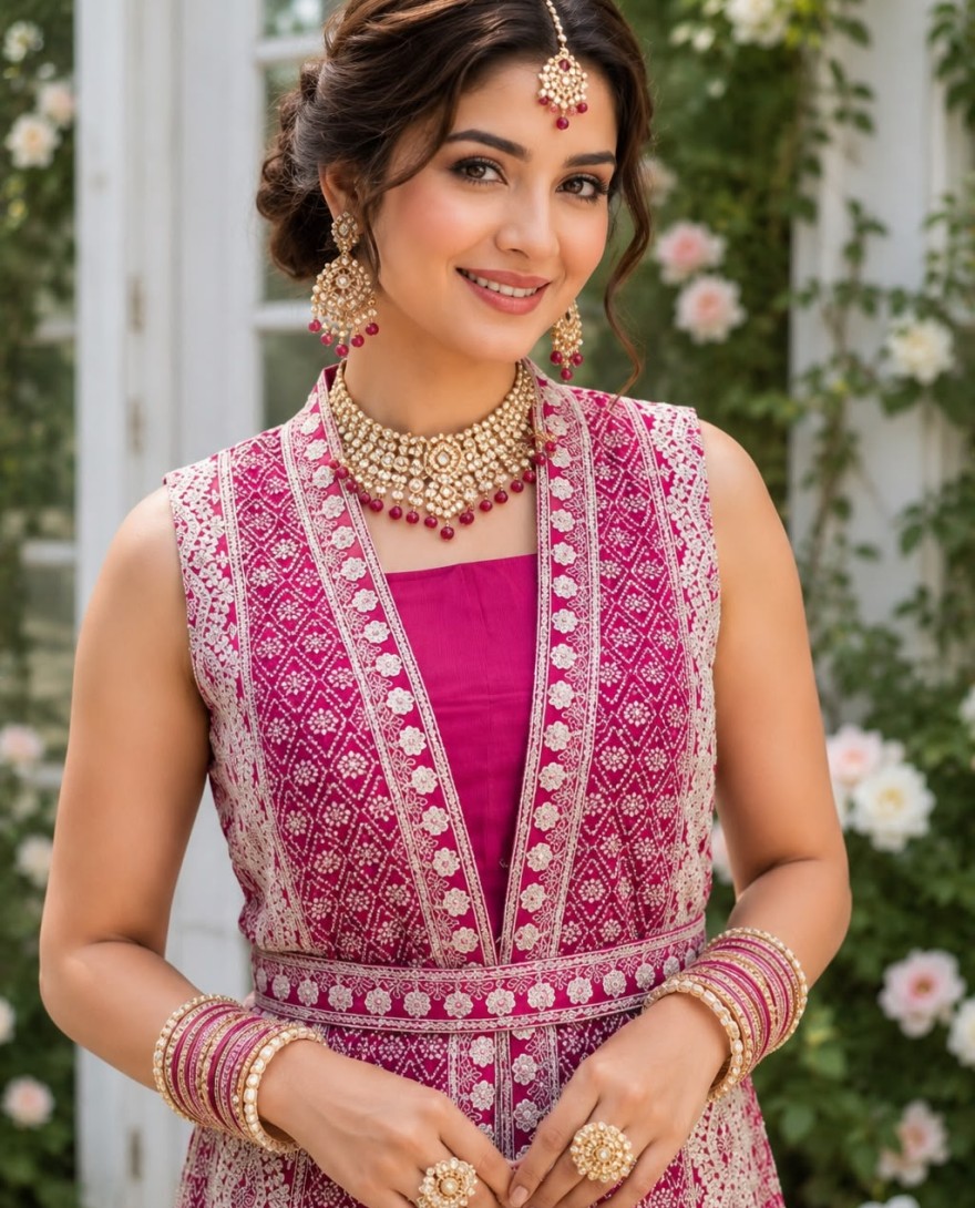 PINK - Pink Chinon Embroidered Work Designer Gown for Ceremonial