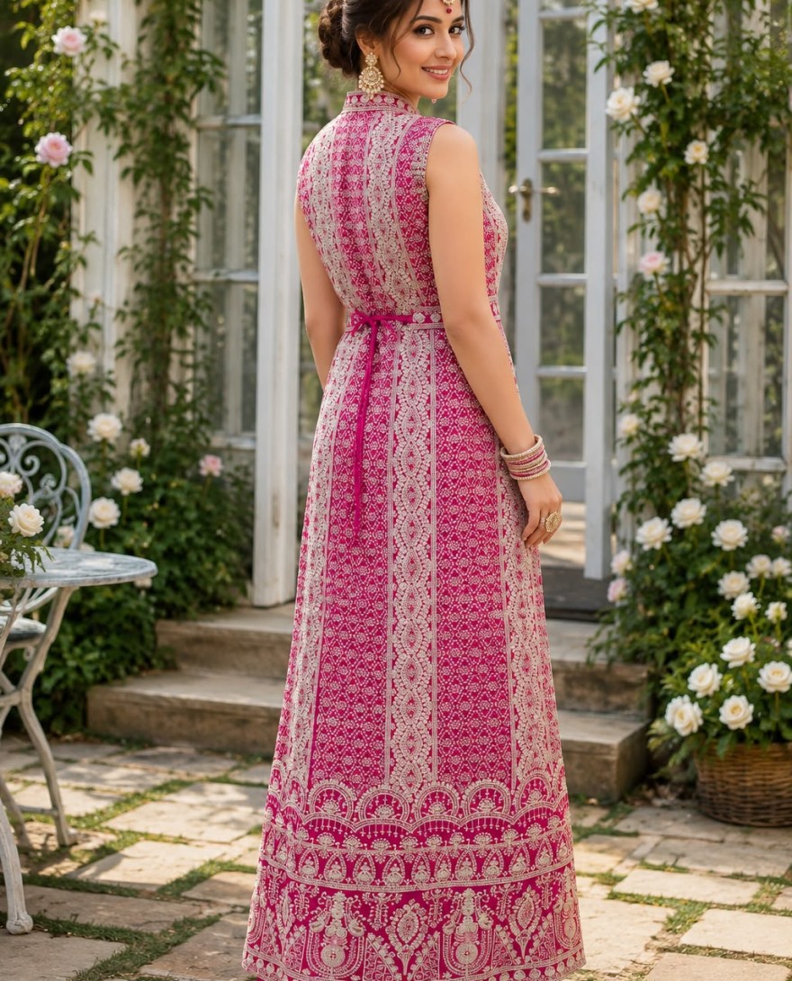 PINK - Pink Chinon Embroidered Work Designer Gown for Ceremonial