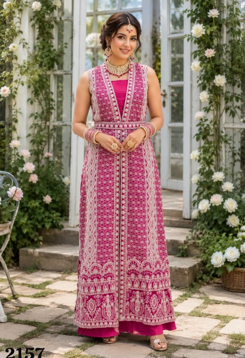 Pink Chinon Embroidered Work Designer Gown for Ceremonial