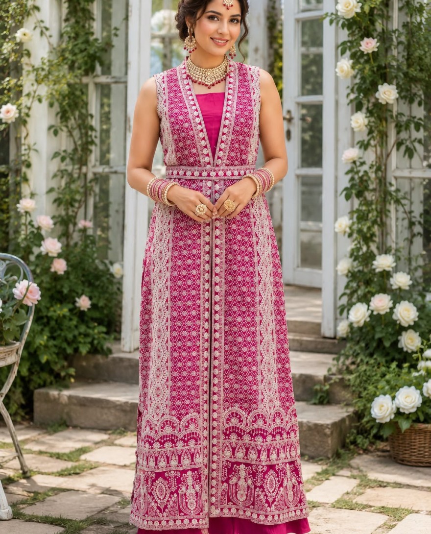PINK - Pink Chinon Embroidered Work Designer Gown for Ceremonial