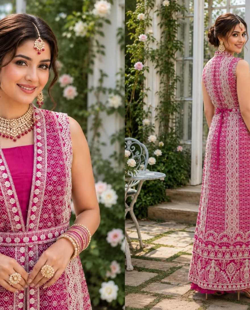 PINK - Pink Chinon Embroidered Work Designer Gown for Ceremonial