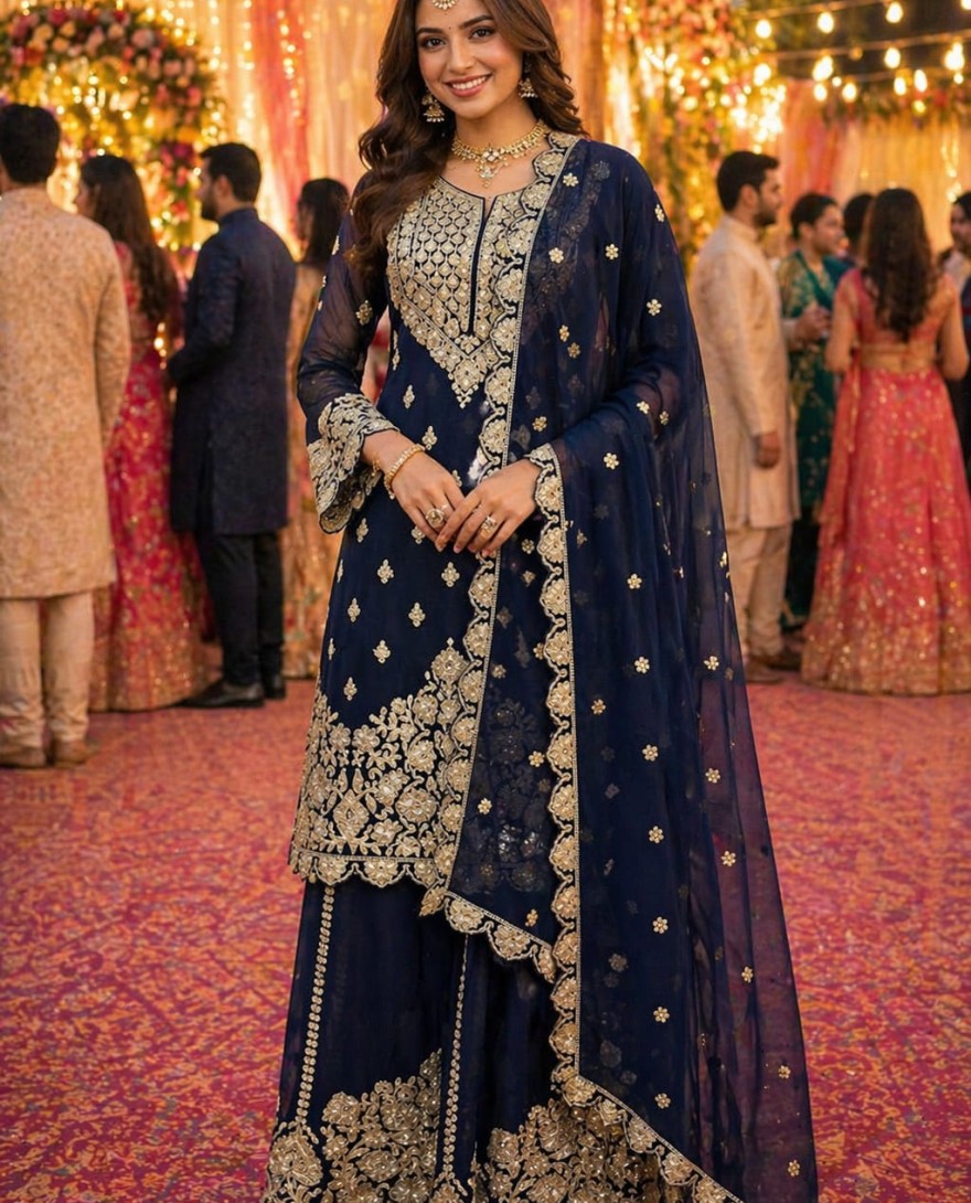 NAVYBLUE - Navy Blue Georgette Palazzo Suit
