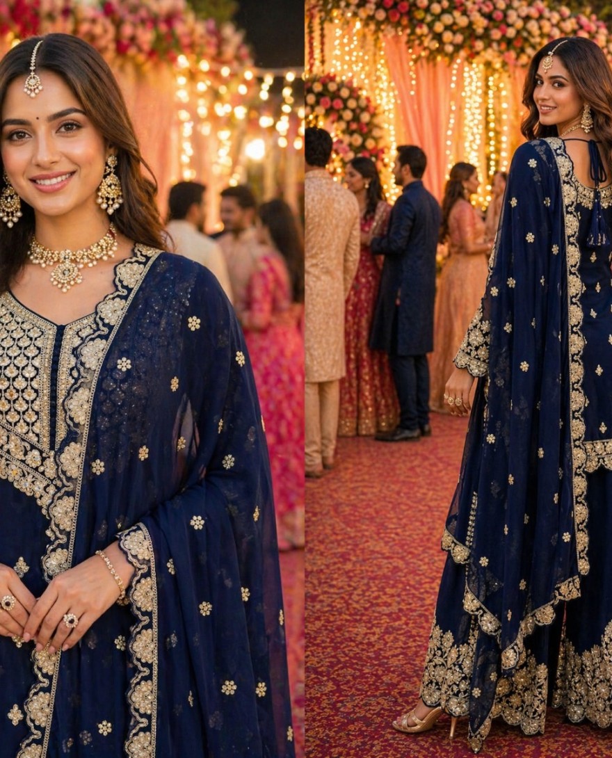 	 NAVYBLUE - Navy Blue Georgette Palazzo Suit
