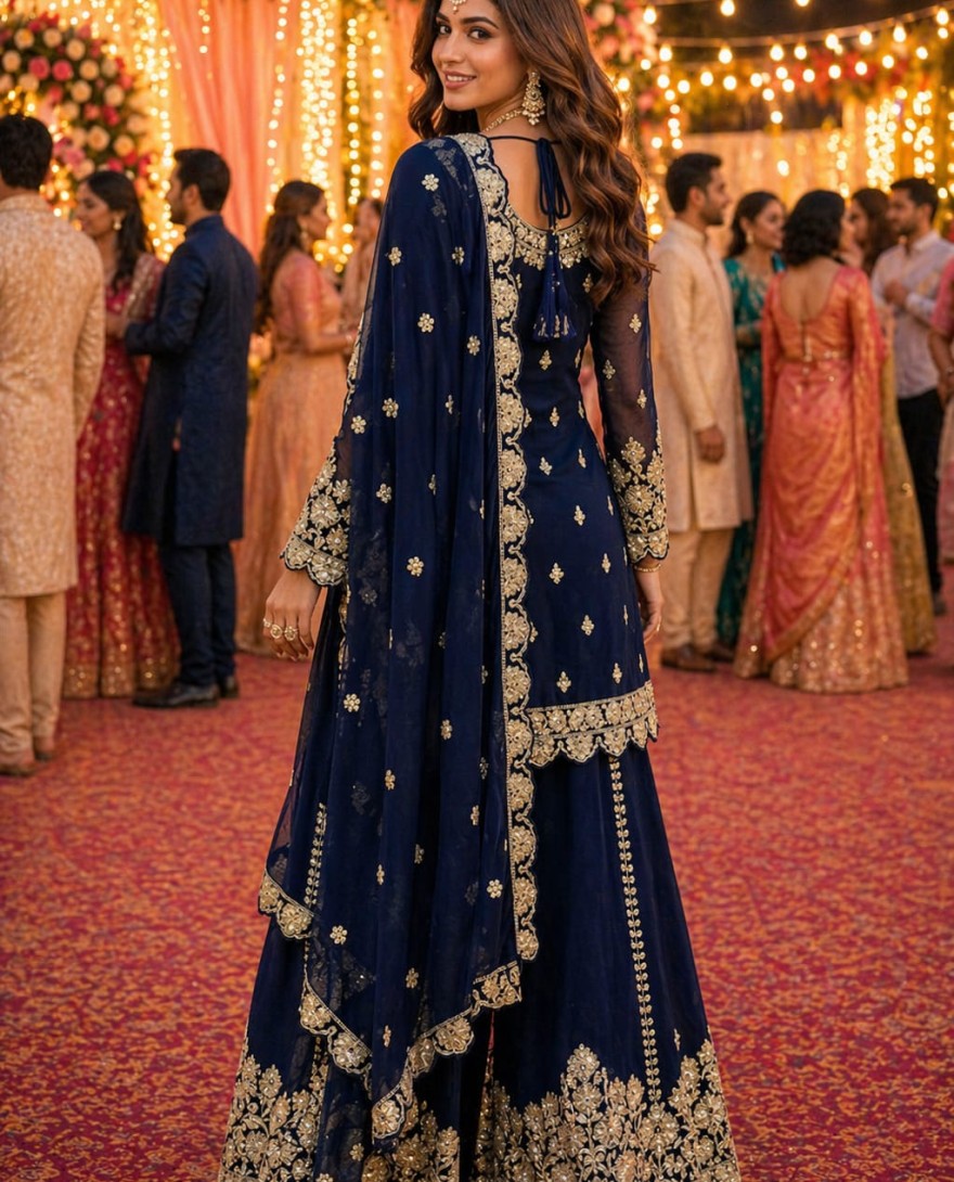 	 NAVYBLUE - Navy Blue Georgette Palazzo Suit